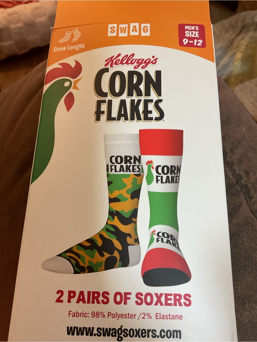 Men's KELLOGG CORN FLAKES NOVELTY Crew Socks - Green & Cam- 2 Pack Sz.9/12 men’s